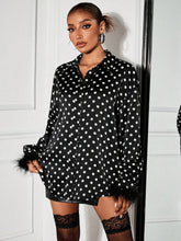 SXY Black Polka Dot And Feather Trim Casual Shirt, Spring Autumn